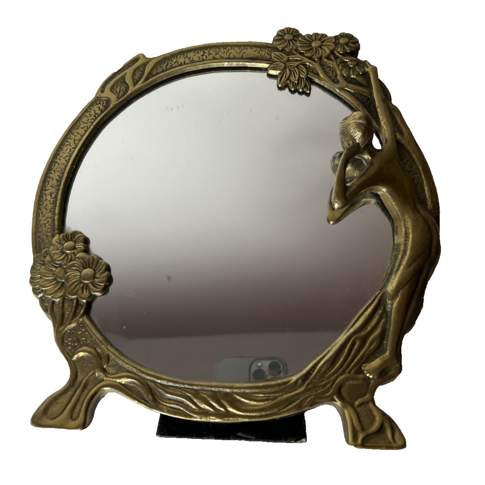 Vintage Brass Lady By The Lake Round Vanity Free Standing Mirror